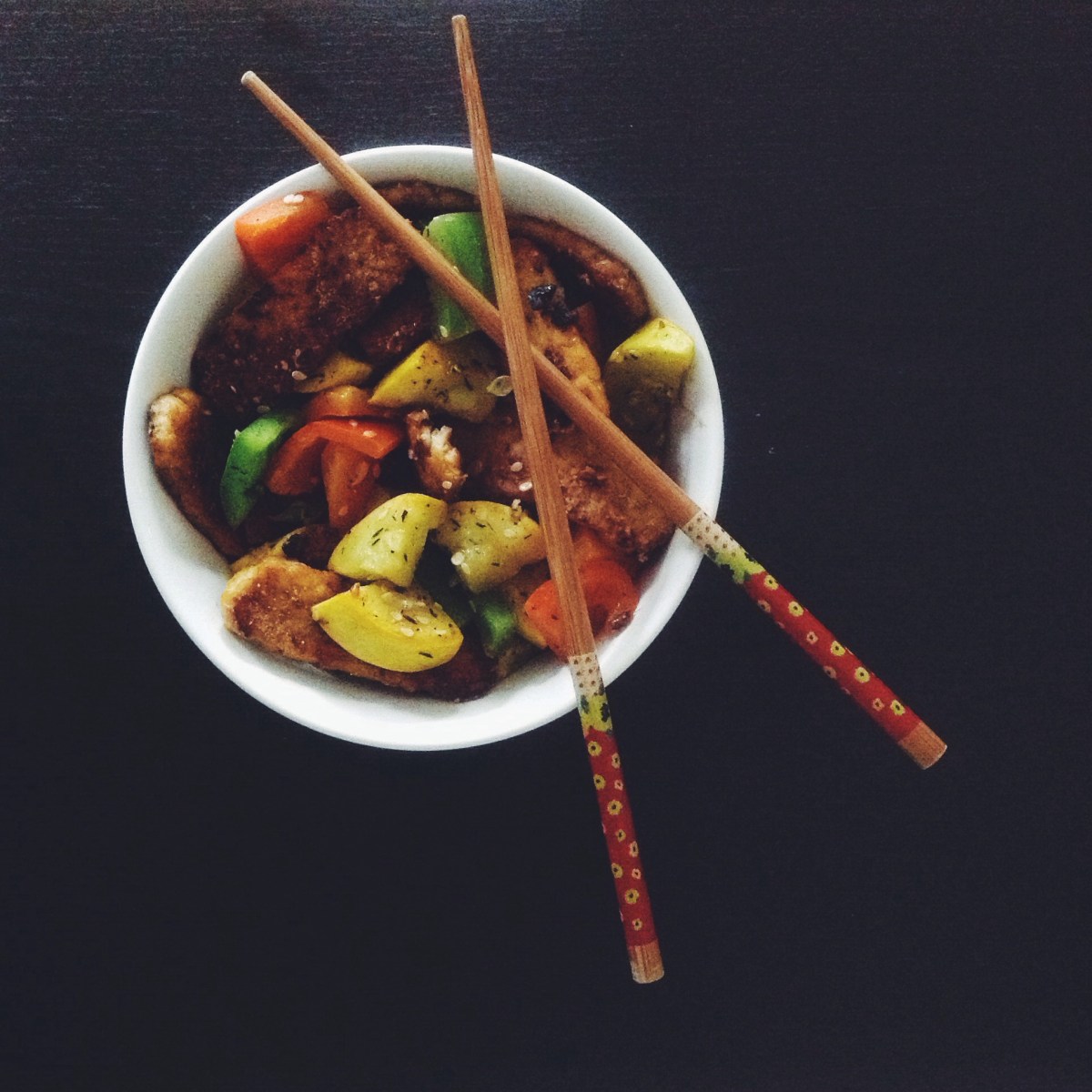 Orange Tempeh with Sesame Squash and Roasted&nbsp;Peppers