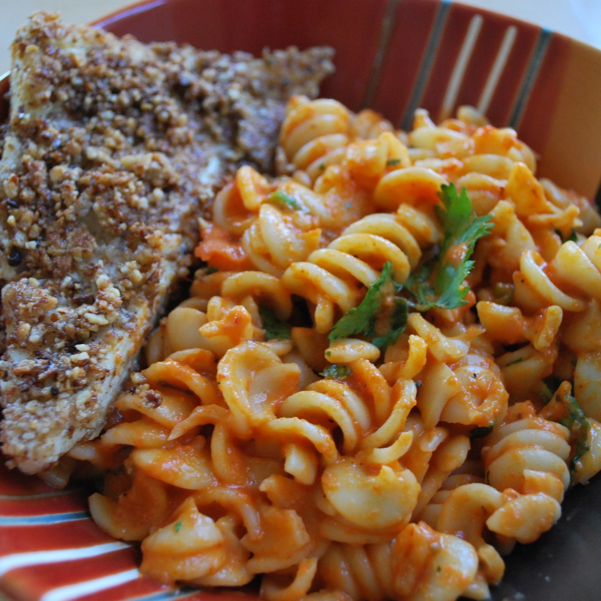 Almond Crusted Tofu with Roasted Red Pepper&nbsp;Fusilli
